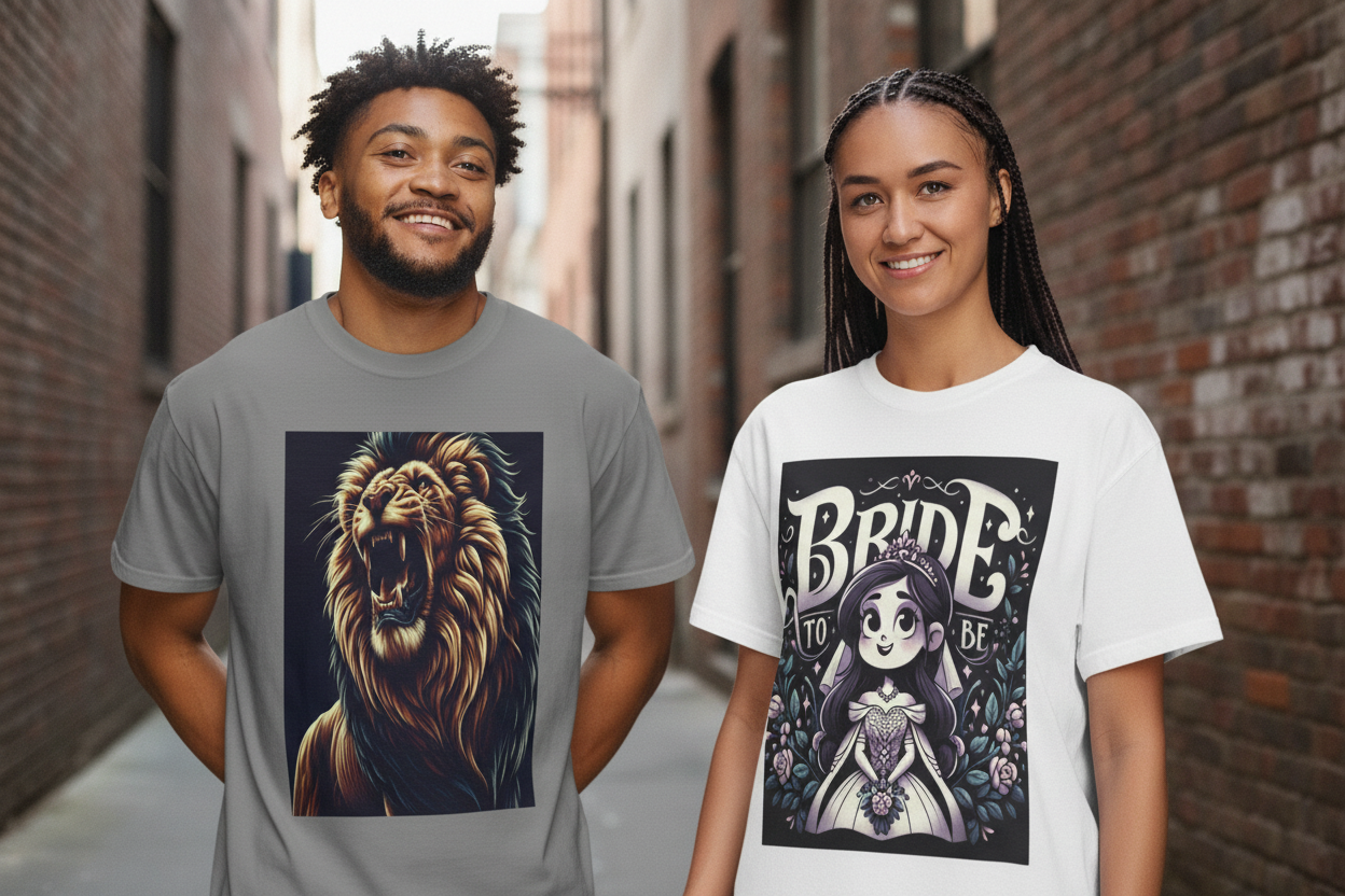 Close-up of man in Lion tee and woman in Bride to Be tee in front of wall
