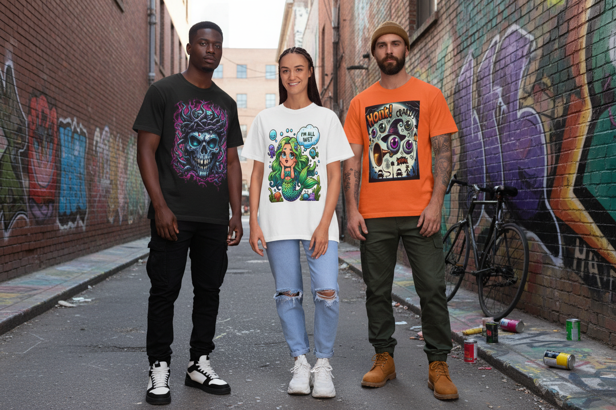 Two men and one woman wearing Fantasy Printed Tees